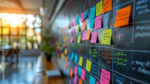 Office whiteboard with colorful sticky notes, blurred background Planning, brainstorming, productive © Creative_Bringer
