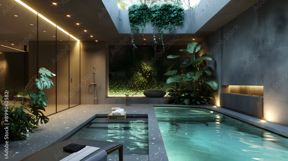 Elegant loft with a minimalist design, indoor garden, and a serene pool, illuminated by skylights under a starry night sky Elegant loft with a minimalist design, indoor garden, and a serene pool, illuminated by skylights under a starry night sky