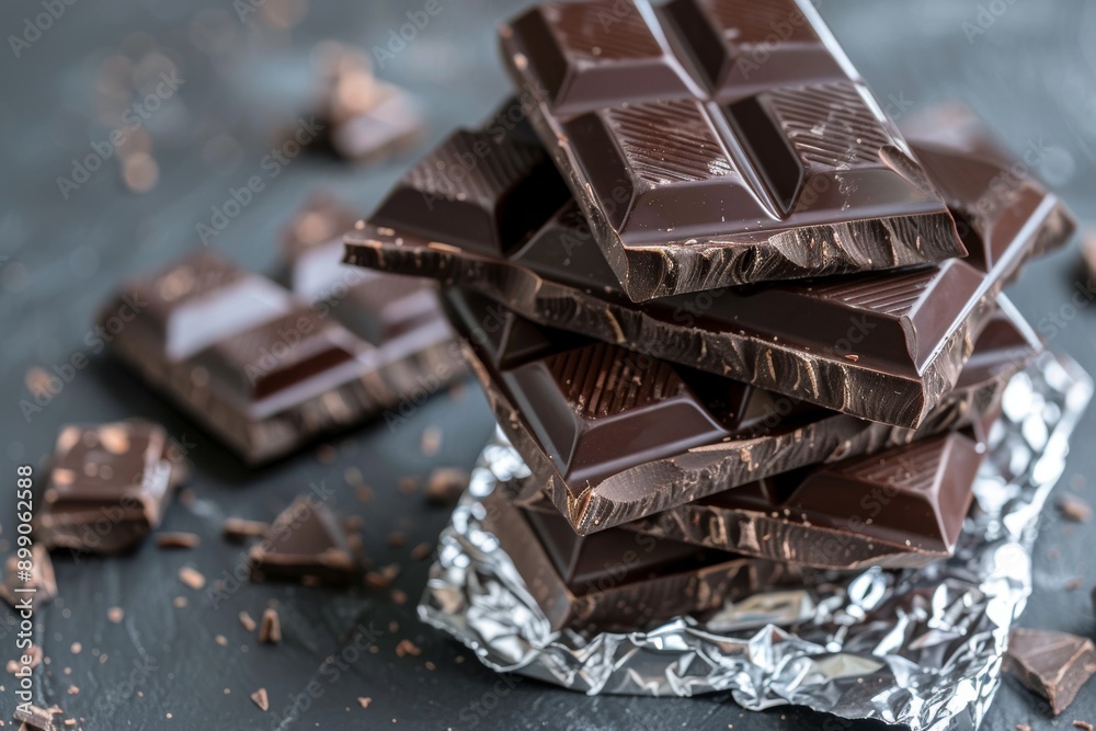 Dark Chocolate Bar Stacked on Foil Dark Chocolate Bar Stacked on Foil