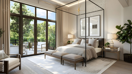 Elegant master bedroom in a new luxury home, featuring a canopy bed, velvet accents, and a private balcony with garden views