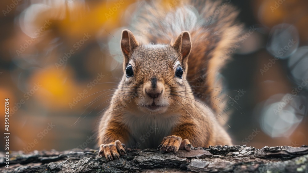 Curious squirrel is peering over a log, with a soft, blurred autumnal background Curious squirrel is peering over a log, with a soft, blurred autumnal background