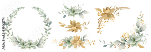 花, 植物, 水彩, フレーム, ベクター, 葉, セット, 招待状, 結婚式, イラスト
