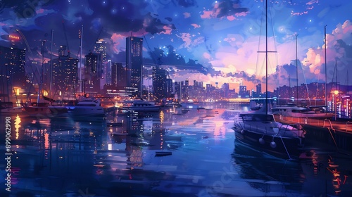 Nighttime Cityscape with Boats and a Vibrant Sky