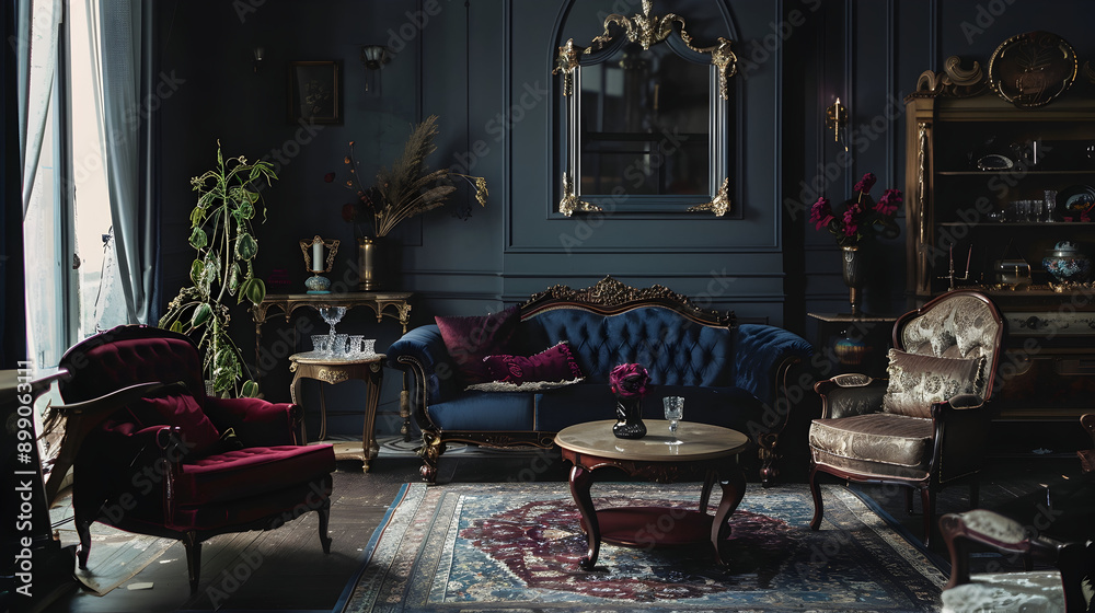 Elegant Victorian living room with a velvet sofa, ornate armchair, antique furniture, and rich, dark colors enhancing a sophisticated ambiance Elegant Victorian living room with a velvet sofa, ornate armchair, antique furniture, and rich, dark colors enhancing a sophisticated ambiance