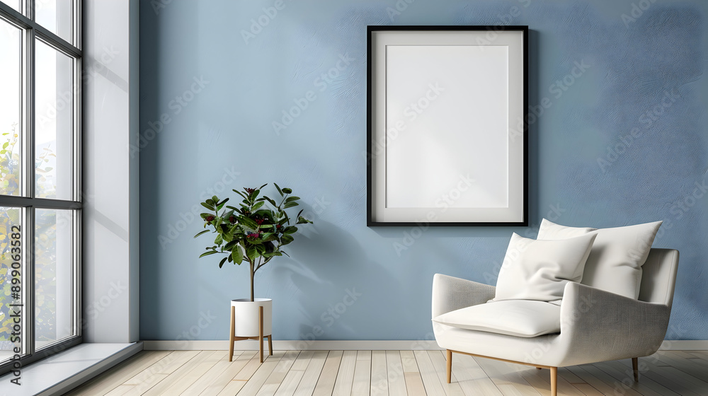Empty black picture frame on a pastel blue wall. Cozy living room with a white armchair, light wood flooring, and minimalist decor, creating a calm atmosphere