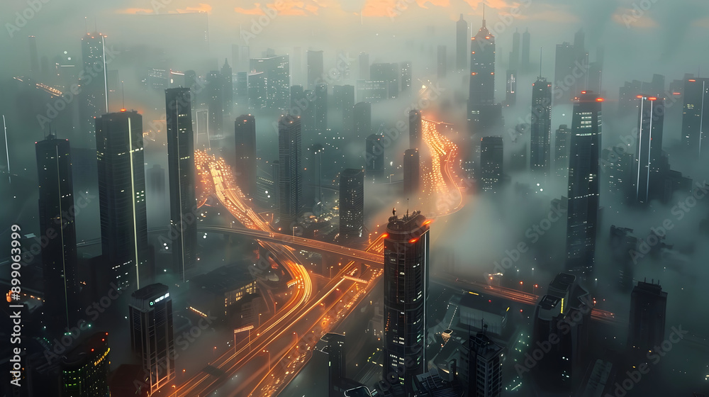 Futuristic cityscape at dawn, sleek skyscrapers reflecting the first light, a network of bridges and highways bustling below Futuristic cityscape at dawn, sleek skyscrapers reflecting the first light, a network of bridges and highways bustling below