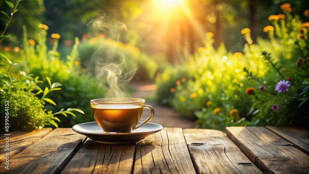 Serene atmosphere pervades a lush garden with a steaming cup of tea on a rustic wooden table basking in warm sunlight. Serene atmosphere pervades a lush garden with a steaming cup of tea on a rustic wooden table basking in warm sunlight.