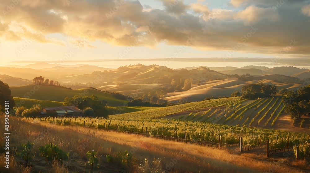 Golden hour at a picturesque vineyard with rolling hills, the sky ablaze with warm colors as the sun sets Golden hour at a picturesque vineyard with rolling hills, the sky ablaze with warm colors as the sun sets