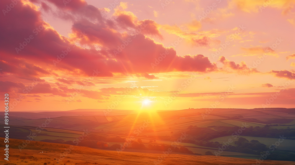 Golden rays breaking through a vibrant sunrise over rolling hills, a mix of orange and pink clouds illuminating the sky Golden rays breaking through a vibrant sunrise over rolling hills, a mix of orange and pink clouds illuminating the sky