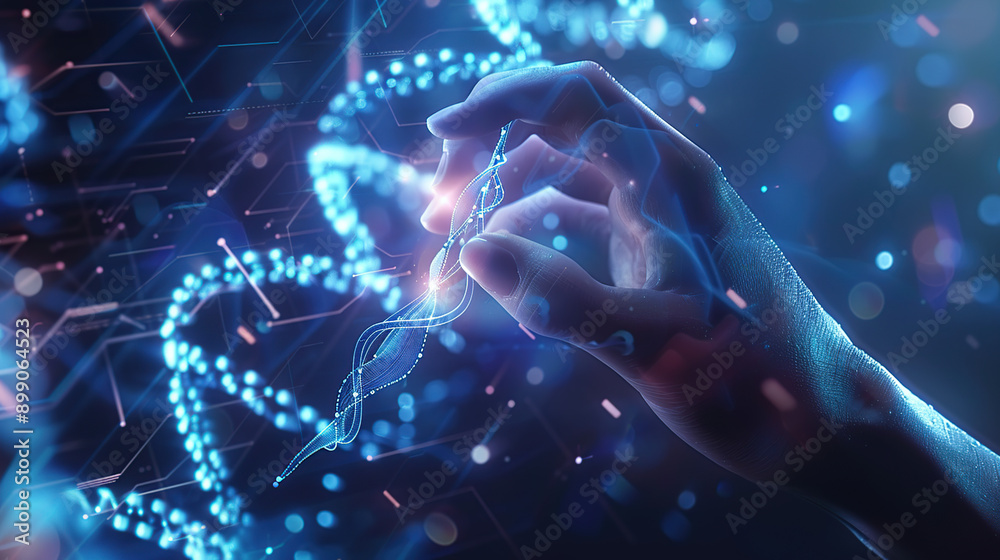 close up of human hand touching DNA structure close up of human hand touching DNA structure