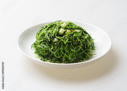 Close-up of Seasoned Seaside green(Spergularia marina) on white dish, South Korea
 photo