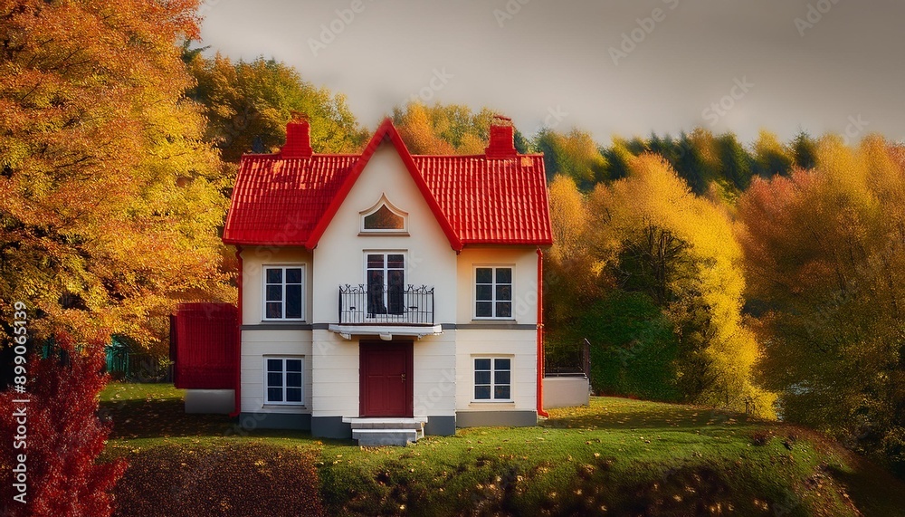 Small cozy house with red roof in autumn colors. Small cozy house with red roof in autumn colors.