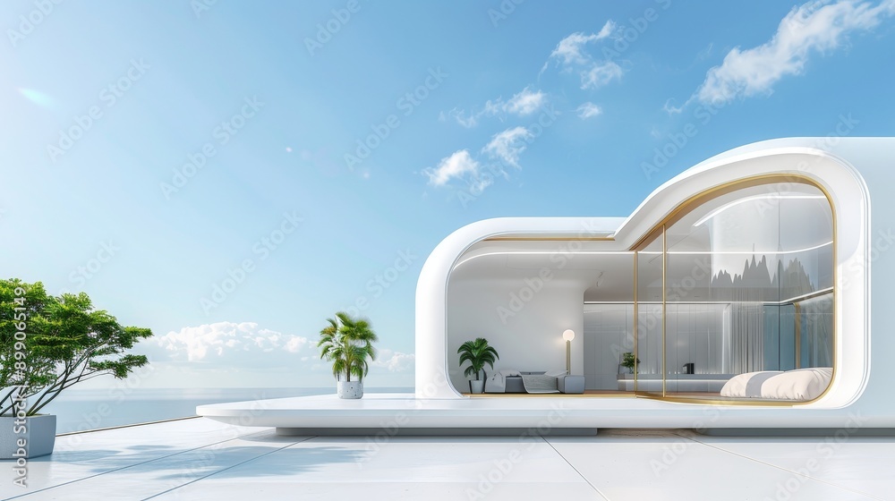 Fototapeta premium Concept art of a futuristic modular home, illustrating the innovative construction and adaptable arrangement of living spaces