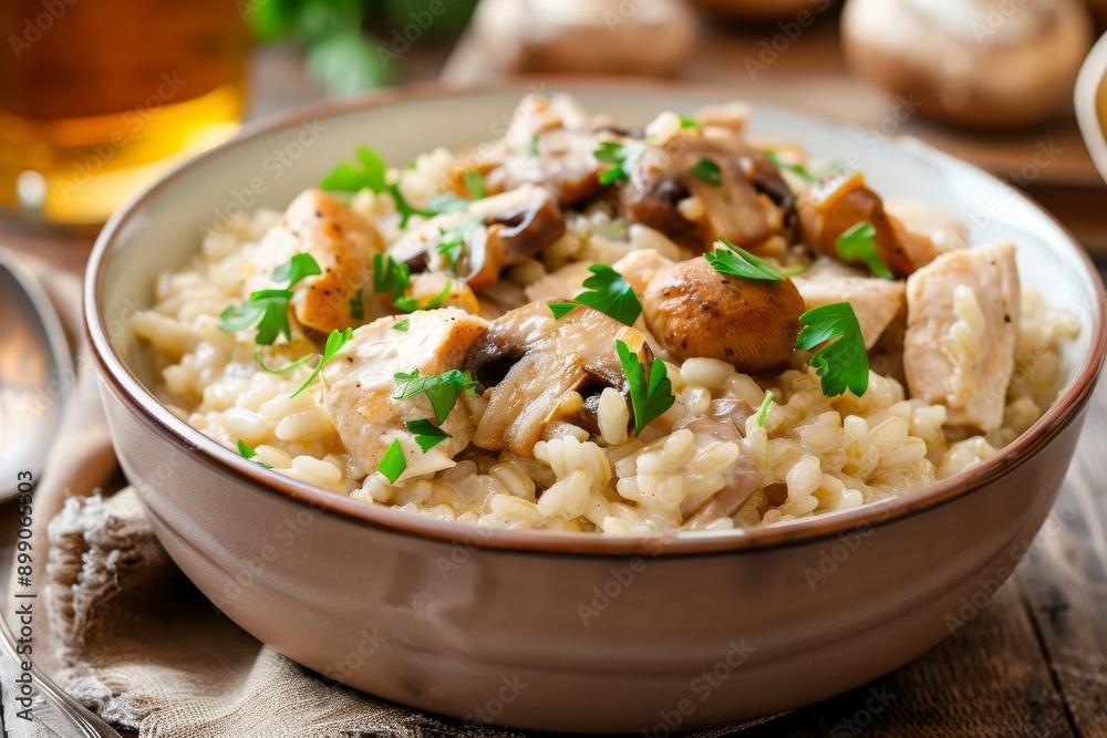 Creamy Mushroom and Chicken Risotto in a Bowl Creamy Mushroom and Chicken Risotto in a Bowl