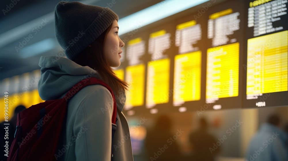 Young Woman in a Grey Hoodie and Red Backpack Looking at a Flight Information Board at an Airport Young Woman in a Grey Hoodie and Red Backpack Looking at a Flight Information Board at an Airport