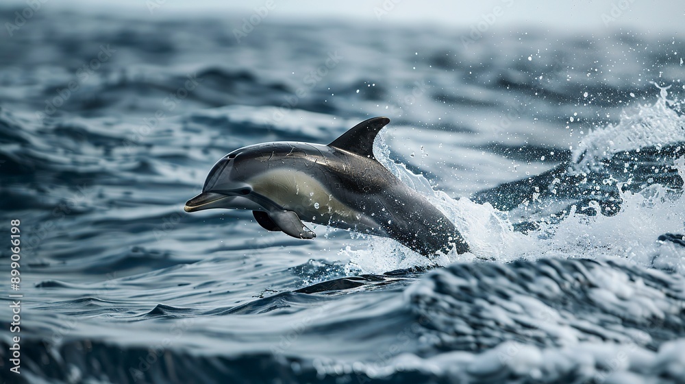 Obraz premium A stunning realistic photo of a dolphin leaping out of the ocean, underscoring the importance of marine conservation and the protection of marine wildlife, Minimalism.