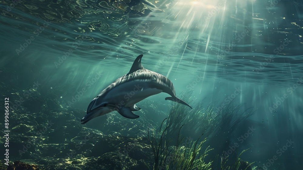Obraz premium A serene underwater scene featuring a dolphin gracefully swimming with sunlight piercing through the water. 