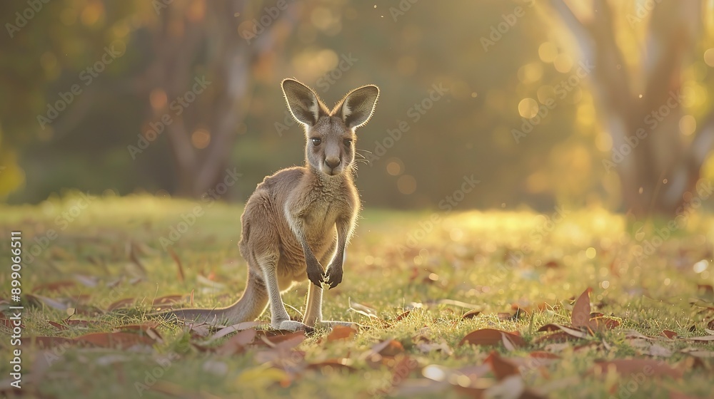 Fototapeta premium Shot of a baby kangaroo standing on a grassy field with a blurred background