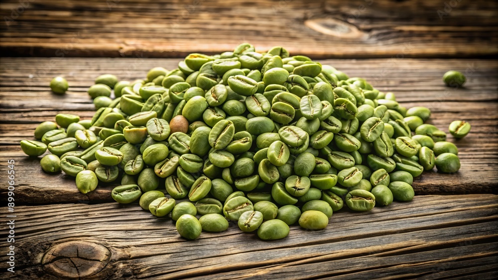 Scattered heap of green coffee beans on a rustic wooden background with subtle shadows and warm, natural lighting. Scattered heap of green coffee beans on a rustic wooden background with subtle shadows and warm, natural lighting.