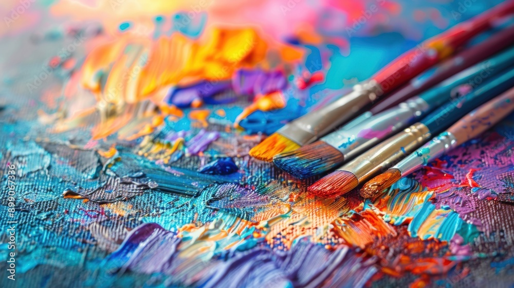 Close-up of colorful paintbrushes resting on a textured canvas with vivid paint strokes, capturing the essence of artistic creativity.