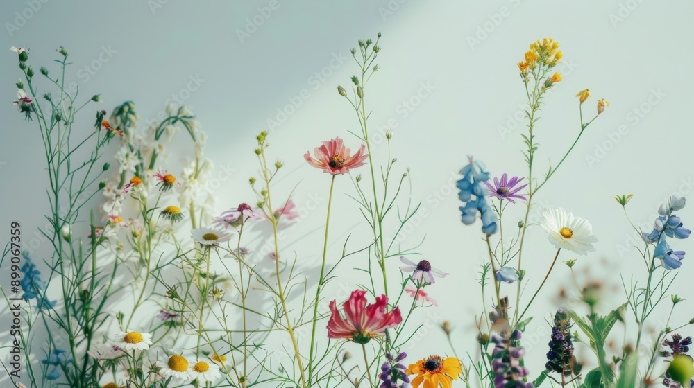 Fototapeta premium A variety of wildflowers blooming in a natural meadow, showcasing vibrant colors and delicate petals under natural light.