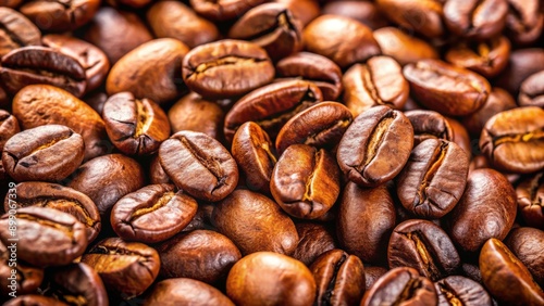 Freshly roasted aromatic espresso coffee beans scattered artfully on a crisp white background, inviting a vibrant morning start with rich flavor and energizing scent. photo