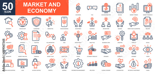 Market and Economy icon collection set. Market Research, funds, market trends, market analysis, financial, economy forecast, currency icon. Simple line color vector.	