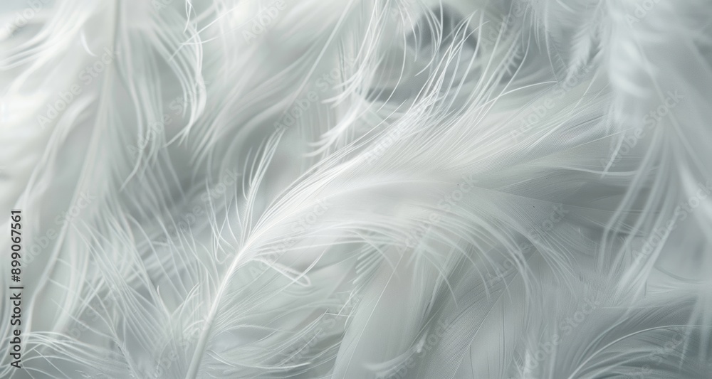 A detailed close-up of soft, white feathers, highlighting their delicate and fluffy texture.
