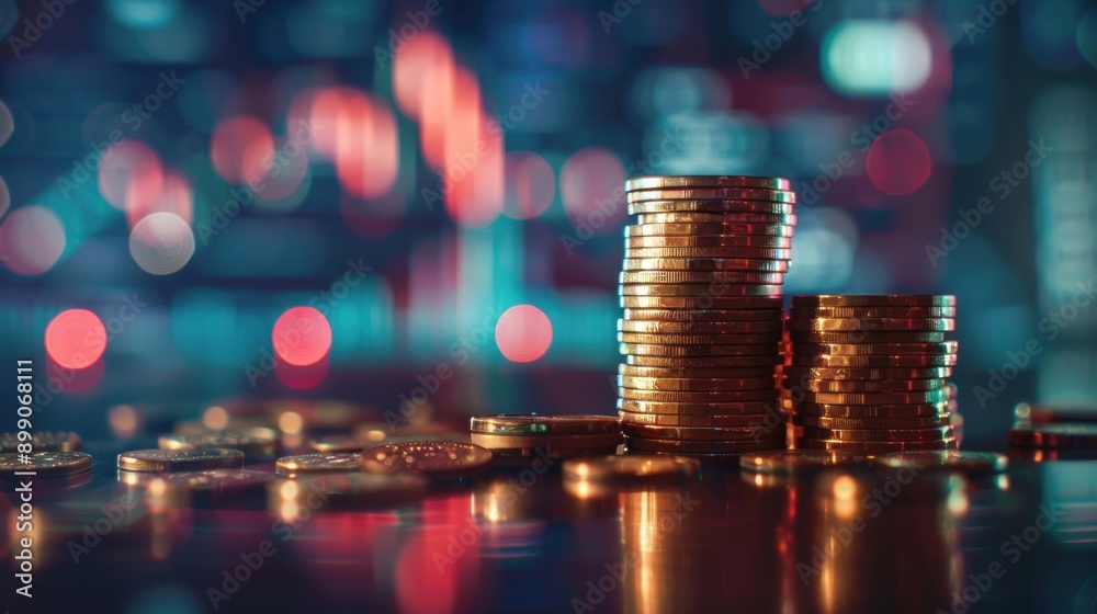 Stacks of gold coins on a reflective surface with a blurred financial market background, indicating wealth and investment. Stacks of gold coins on a reflective surface with a blurred financial market background, indicating wealth and investment.