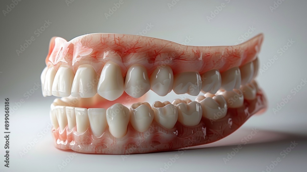 Obraz premium Set of dentures is sitting on a white background, showing healthy gums and teeth