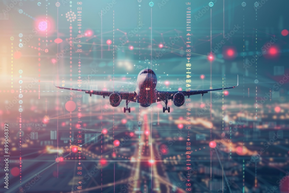 Airplane Taking Off Over Cityscape with Digital Overlay Airplane Taking Off Over Cityscape with Digital Overlay