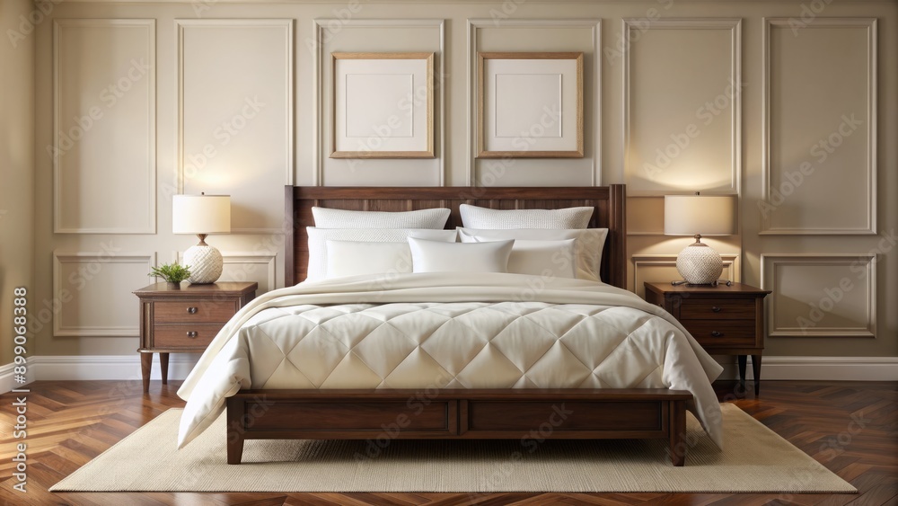 Fototapeta premium Cozy, uncluttered bedroom features a plush white comforter on a dark wooden frame bed against a serene, ivory painted wall backdrop.