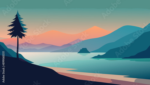 Foggy nature landscape illustration with beach, trees, and mountains