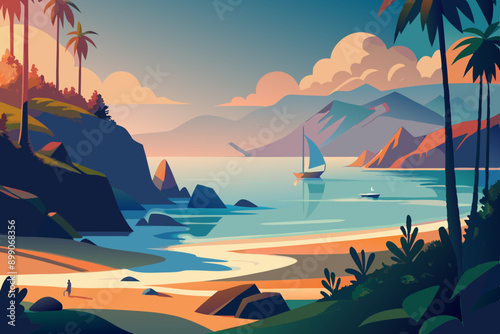 Foggy nature landscape illustration with beach, trees, and mountains