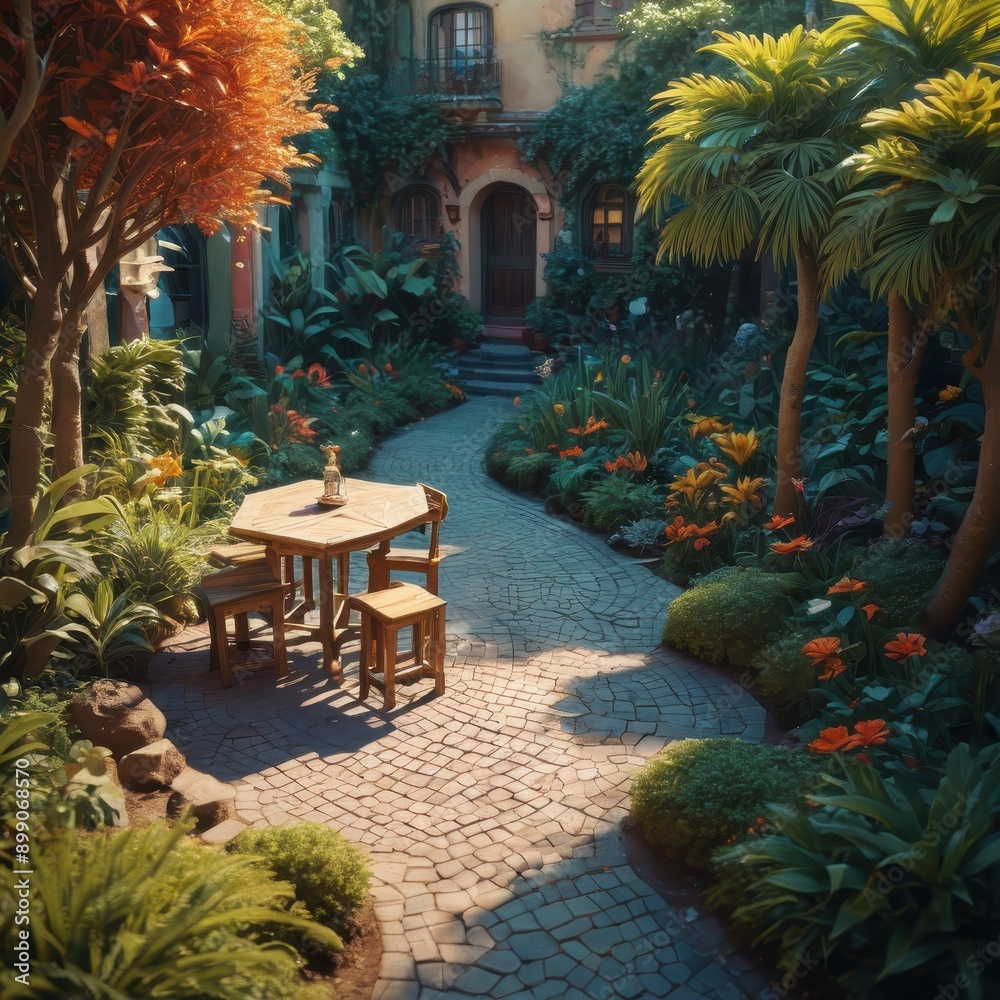 Fototapeta premium Serene Garden Patio with Stone Path and Lush Greenery.