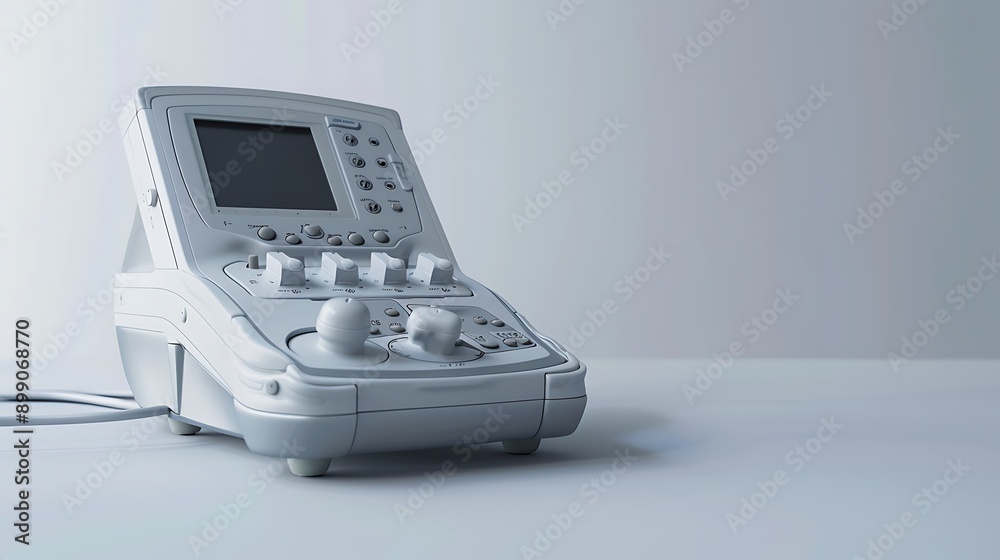 A detailed image of a digital portable ultrasound machine on a solid white background A detailed image of a digital portable ultrasound machine on a solid white background