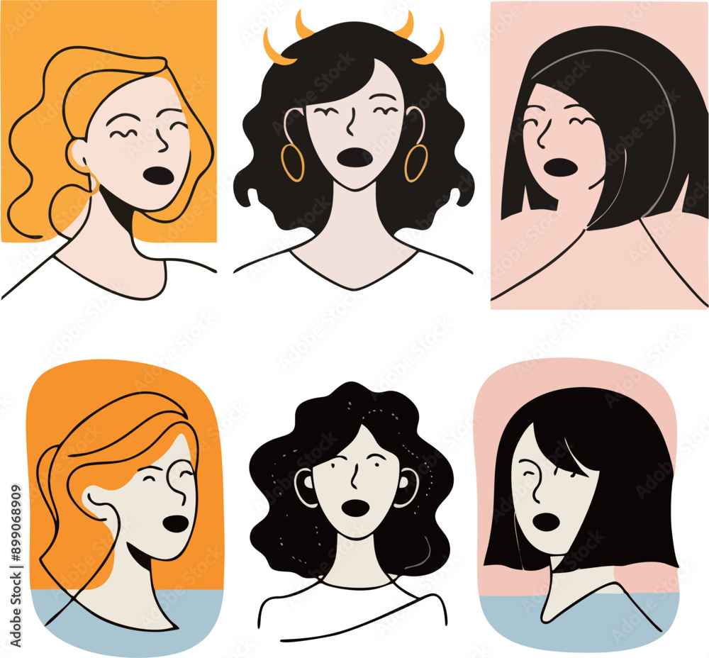 Three minimalist illustrations of cool and trendy women, each with a distinct expressive face Three minimalist illustrations of cool and trendy women, each with a distinct expressive face
