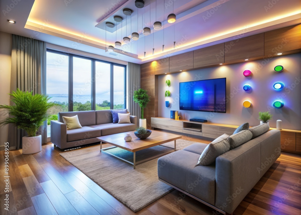 Modern living room ambiance enhanced by sleek ambient smart home technology, featuring color-shifting LED lights behind the TV, smart speaker, wall-mounted thermostat, and subtle IoT devices. Modern living room ambiance enhanced by sleek ambient smart home technology, featuring color-shifting LED lights behind the TV, smart speaker, wall-mounted thermostat, and subtle IoT devices.