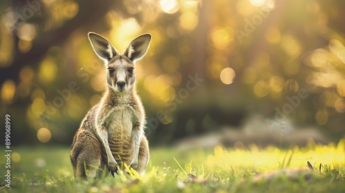 Image of baby kangaroo standing on grass with blurred background. 