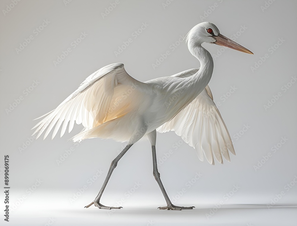 A white bird with long legs and a long beak standing gracefully. A white bird with long legs and a long beak standing gracefully.