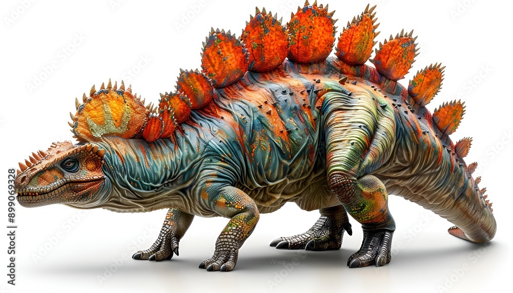 A dinosaur toy with orange and red spikes on its back. A dinosaur toy with orange and red spikes on its back.