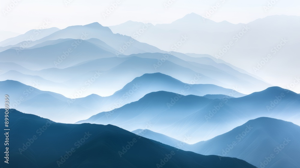 Layered mountain ranges in the distance, each range a different shade of blue, creating depth and tranquility Layered mountain ranges in the distance, each range a different shade of blue, creating depth and tranquility