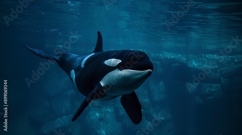 Orca whale in navy blue water swimming