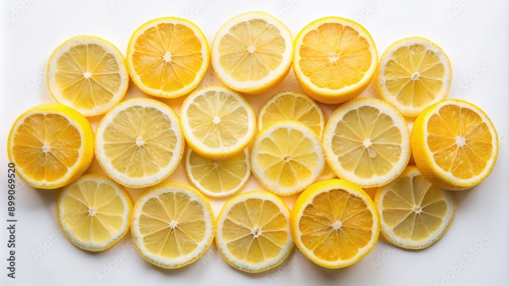 Freshly sliced bright yellow lemons arranged in a neat circular pattern on a clean and crisp pure white background. Freshly sliced bright yellow lemons arranged in a neat circular pattern on a clean and crisp pure white background.