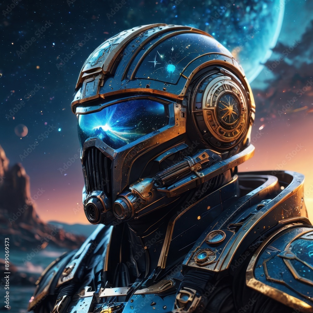 Fototapeta premium Futuristic Space Explorer Helmet with Starry Sky Viewport.