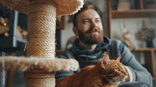 Male cat sitter and red-haired cat seeing at side. Cat portrait next to scratching post. House sitting and feline care service. Furry friend, domestic animal pet photo photo