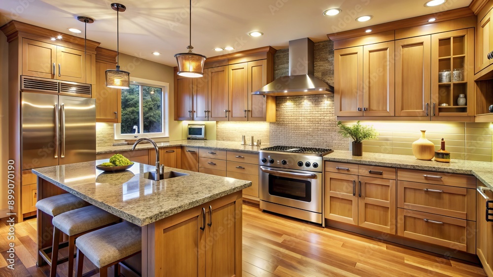 Modern kitchen featuring sleek, light-wood cabinets with ornate hardware, granite countertops, and stainless steel appliances under warm ambient lighting. Modern kitchen featuring sleek, light-wood cabinets with ornate hardware, granite countertops, and stainless steel appliances under warm ambient lighting.