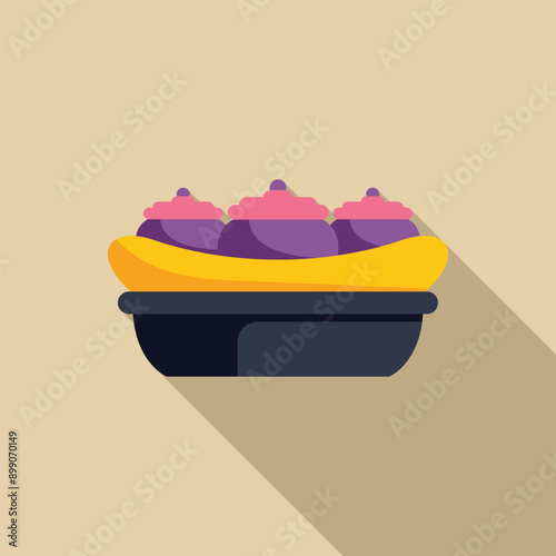 Ukrainian cuisine dish with boiled dough and filling served on plate icon in flat style