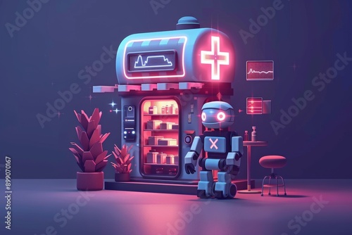 Futuristic pharmacy with neon lights showcasing a robot pharmacist perfect for sci fi and high tech themes photo