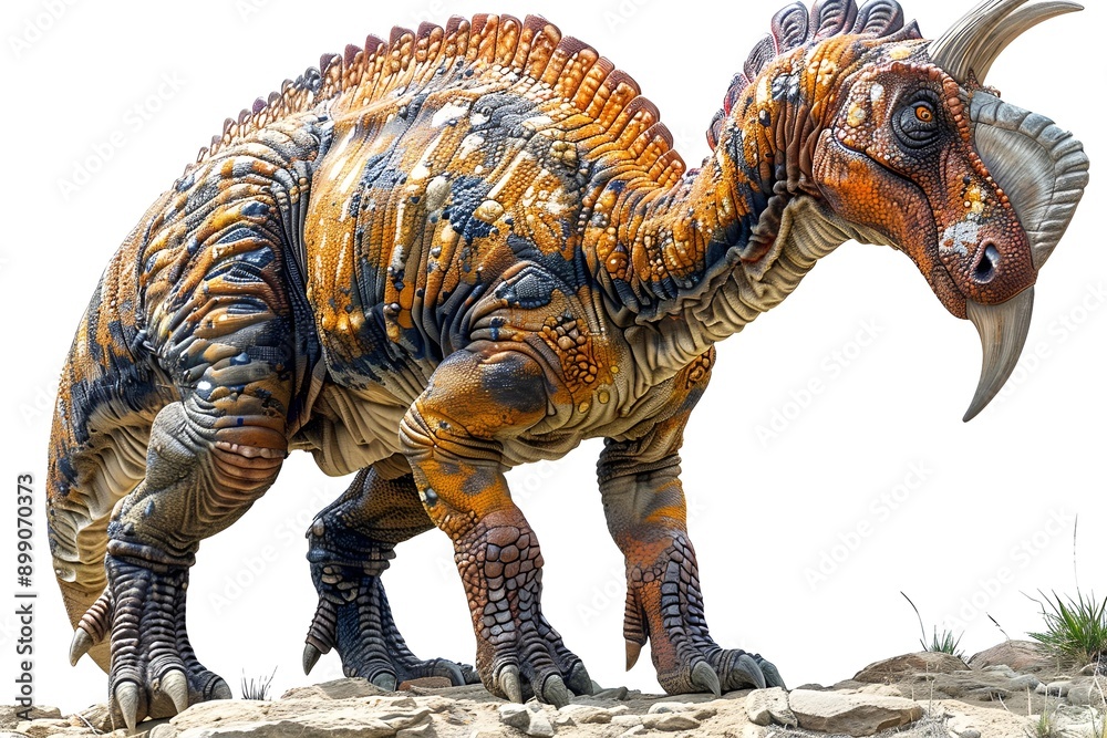 Obraz premium A dinosaur statue perched on a rock, showcasing prehistoric charm in a natural setting.